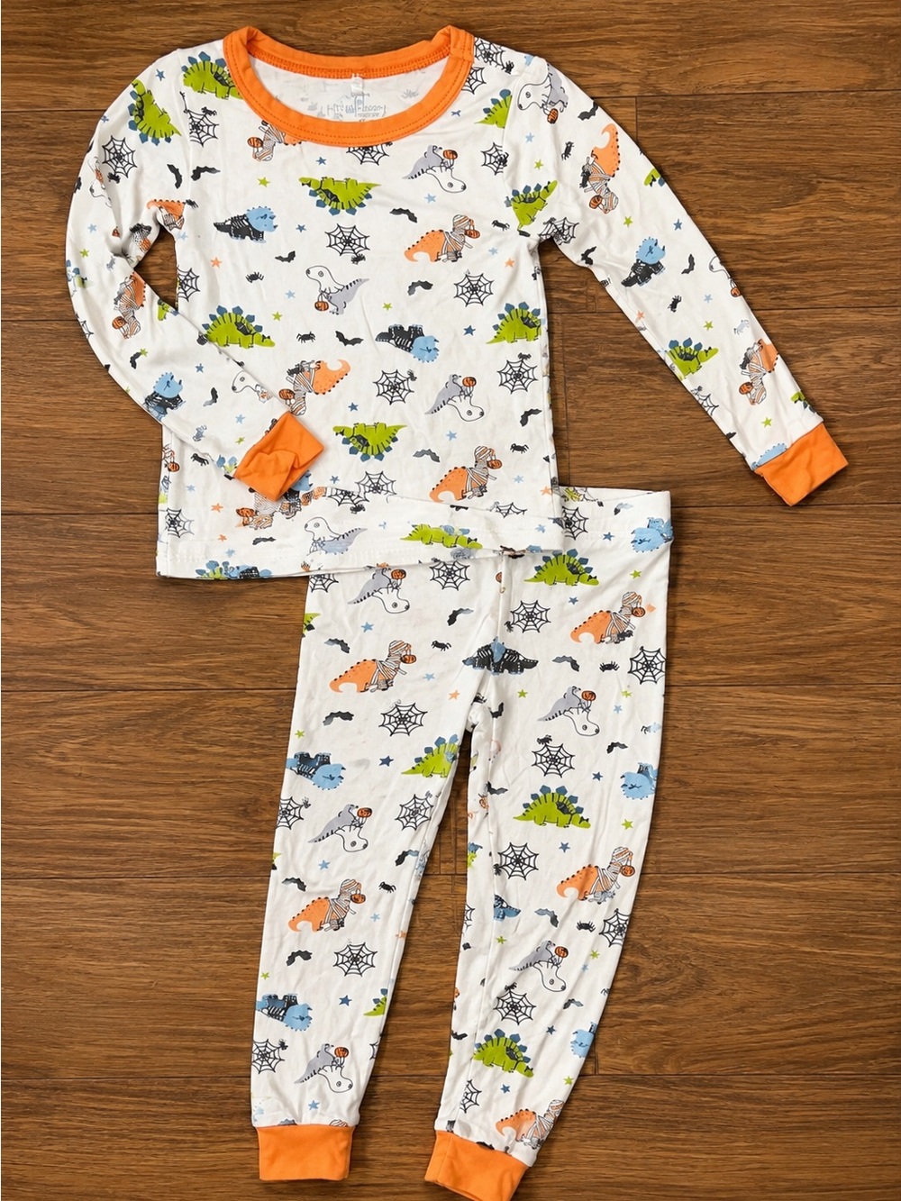 Dinosaur Print Long Sleeve Kids Pajama Set - Orange Trim